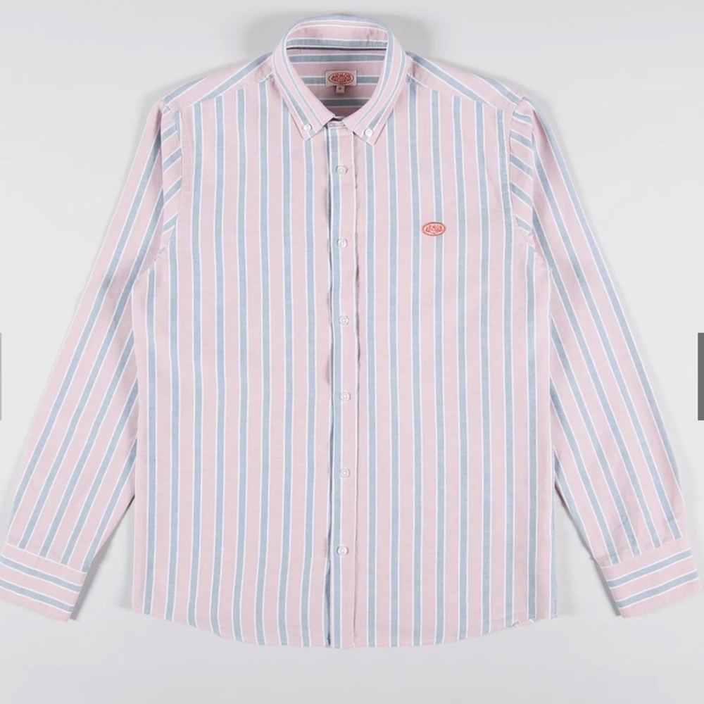 Armor Lux Pink and Blue Striped Casual Button Down Shirt